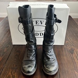 STEVE MADDEN Buckkie Black Leather Moto Boots